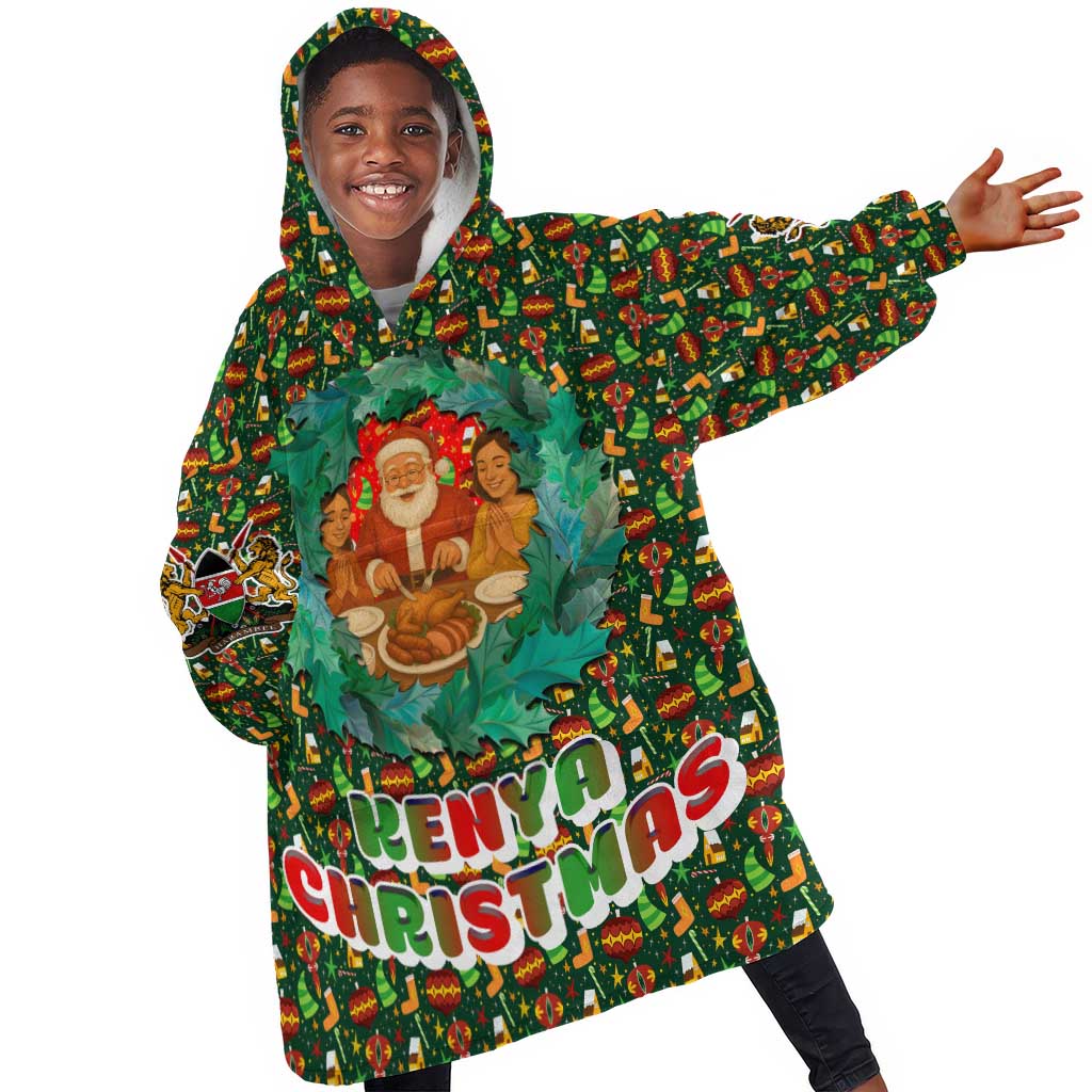 Kenya Christmas Kid Wearable Blanket Hoodie Santa Feast Scene and Festive Wreath Pattern - African Pride