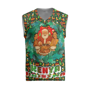 Kenya Christmas Knitted V-Neck Vest Santa Feast Scene and Festive Wreath Pattern - African Pride