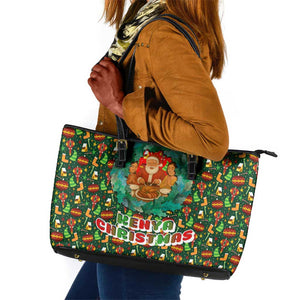 Kenya Christmas Leather Tote Bag Santa Feast Scene and Festive Wreath Pattern - African Pride
