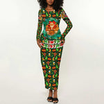 Kenya Christmas Long Sleeve Bodycon Dress Santa Feast Scene and Festive Wreath Pattern - African Pride