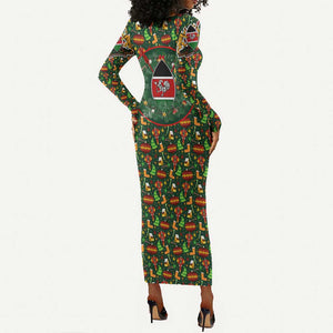 Kenya Christmas Long Sleeve Bodycon Dress Santa Feast Scene and Festive Wreath Pattern - African Pride