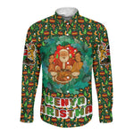 Kenya Christmas Long Sleeve Button Shirt Santa Feast Scene and Festive Wreath Pattern - African Pride
