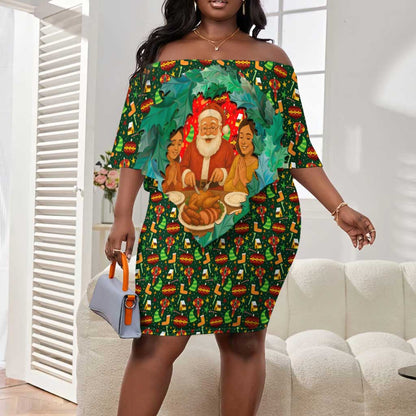 Kenya Christmas Off Shoulder Short Dress Santa Feast Scene and Festive Wreath Pattern - African Pride
