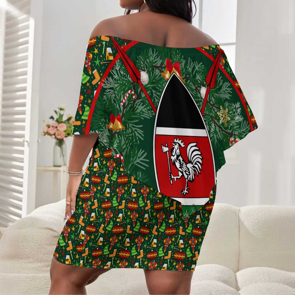 Kenya Christmas Off Shoulder Short Dress Santa Feast Scene and Festive Wreath Pattern - African Pride