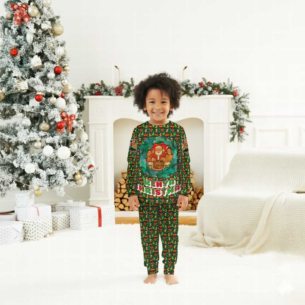 Kenya Christmas Pajama Set Santa Feast Scene and Festive Wreath Pattern - African Pride