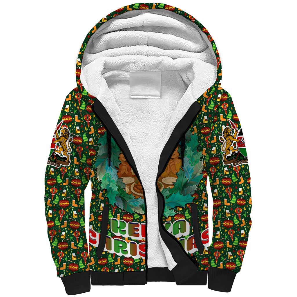 Kenya Christmas Sherpa Hoodie Santa Feast Scene and Festive Wreath Pattern - African Pride