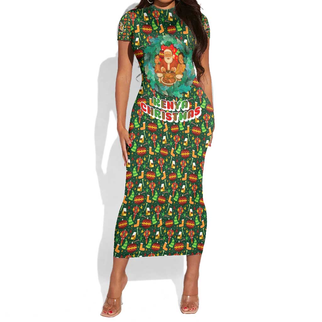 Kenya Christmas Short Sleeve Bodycon Dress Santa Feast Scene and Festive Wreath Pattern - African Pride
