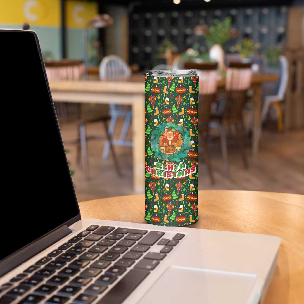 Kenya Christmas Skinny Tumbler Santa Feast Scene and Festive Wreath Pattern - African Pride