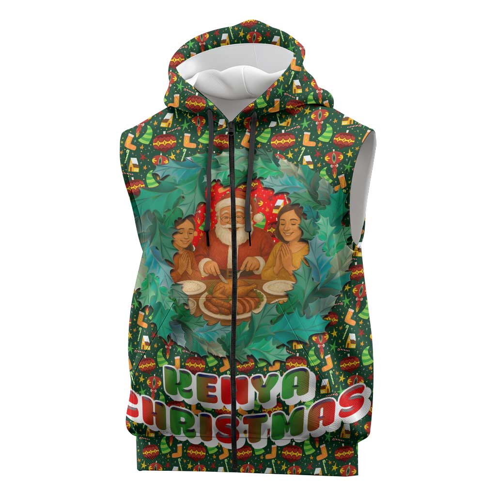 Kenya Christmas Sleeveless Zip Hoodie Santa Feast Scene and Festive Wreath Pattern - African Pride