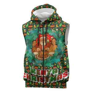 Kenya Christmas Sleeveless Zip Hoodie Santa Feast Scene and Festive Wreath Pattern - African Pride