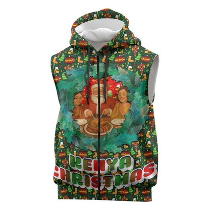 Kenya Christmas Sleeveless Zip Hoodie Santa Feast Scene and Festive Wreath Pattern - African Pride