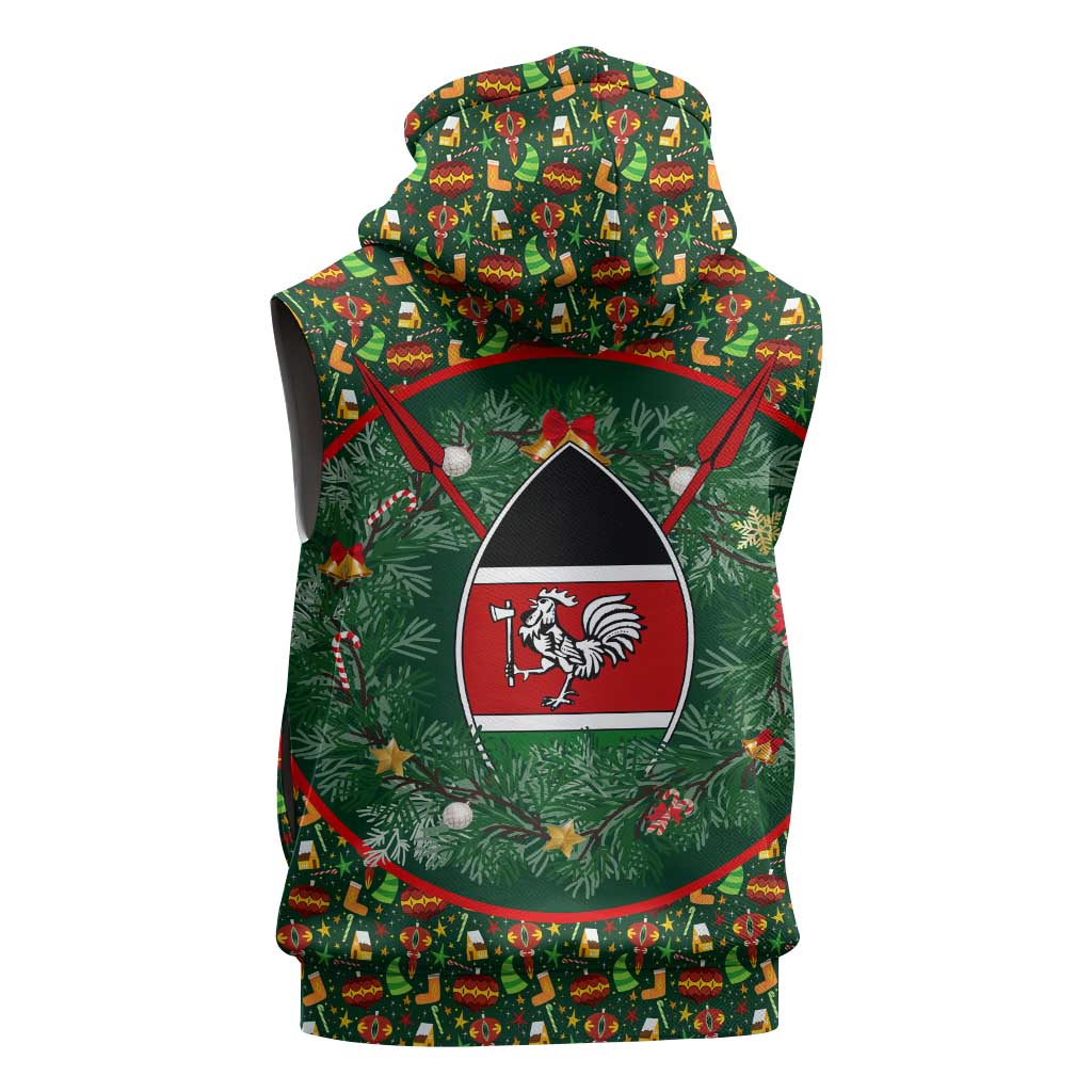 Kenya Christmas Sleeveless Zip Hoodie Santa Feast Scene and Festive Wreath Pattern - African Pride