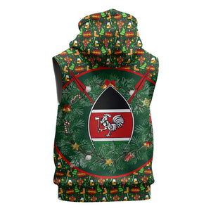 Kenya Christmas Sleeveless Zip Hoodie Santa Feast Scene and Festive Wreath Pattern - African Pride