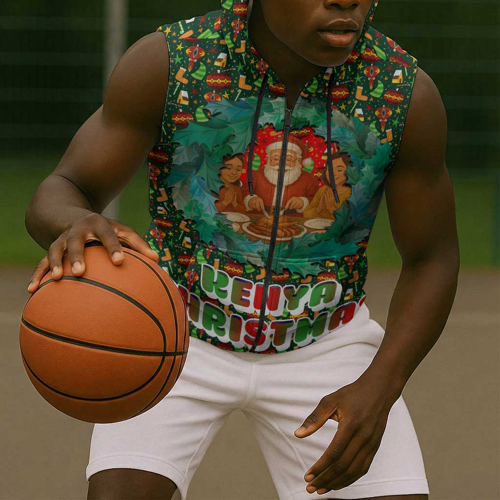 Kenya Christmas Sleeveless Zip Hoodie Santa Feast Scene and Festive Wreath Pattern - African Pride