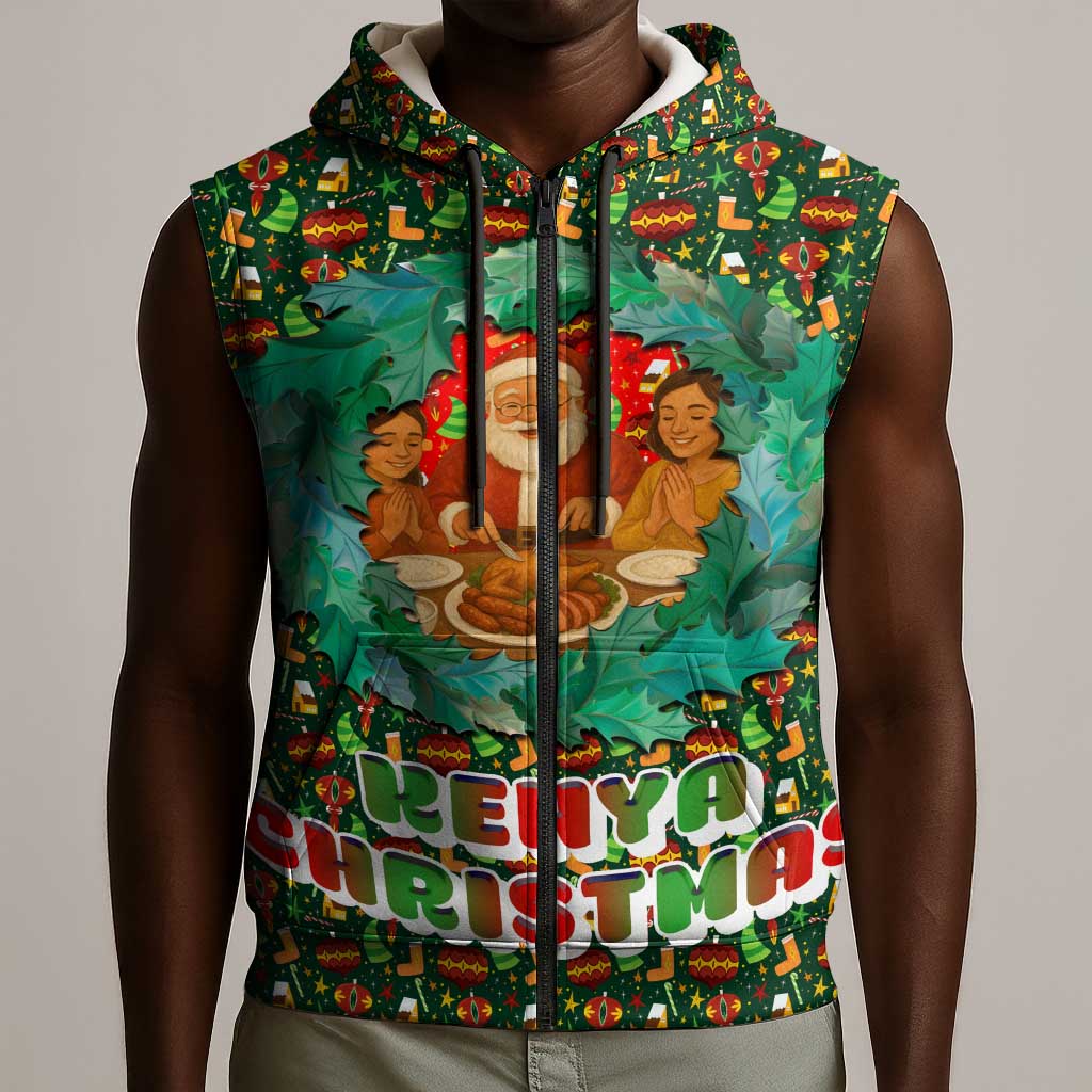 Kenya Christmas Sleeveless Zip Hoodie Santa Feast Scene and Festive Wreath Pattern - African Pride