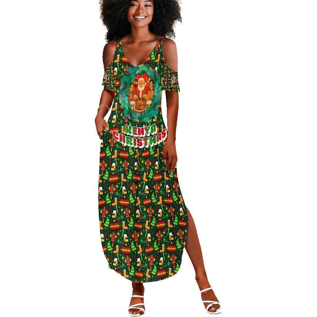 Kenya Christmas Summer Maxi Dress Santa Feast Scene and Festive Wreath Pattern - African Pride