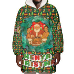 Kenya Christmas Wearable Blanket Hoodie Santa Feast Scene and Festive Wreath Pattern - African Pride