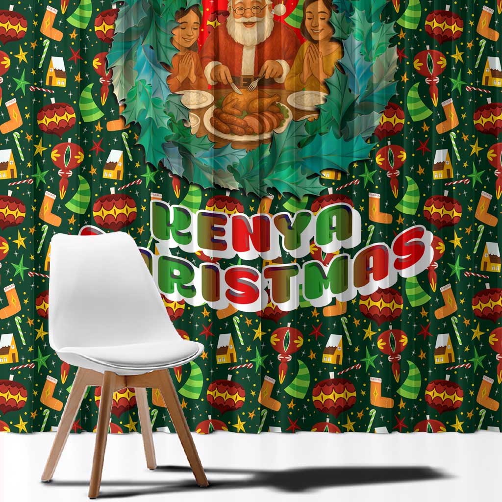 Kenya Christmas Window Curtain Santa Feast Scene and Festive Wreath Pattern - African Pride