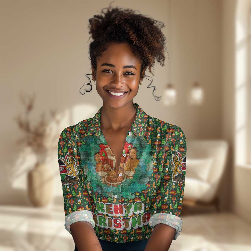 Kenya Christmas Women Casual Shirt Santa Feast Scene and Festive Wreath Pattern - African Pride