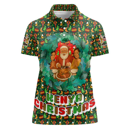 Kenya Christmas Women Polo Shirt Santa Feast Scene and Festive Wreath Pattern - African Pride