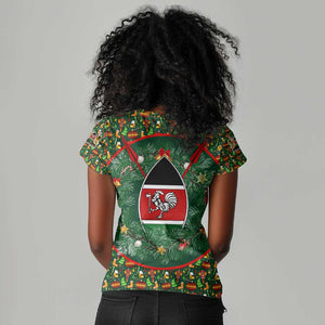 Kenya Christmas Women V-Neck T-Shirt Santa Feast Scene and Festive Wreath Pattern - African Pride