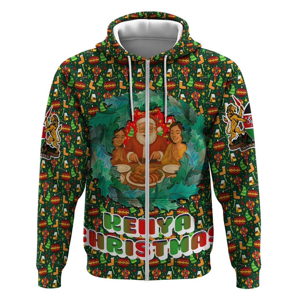 Kenya Christmas Zip Hoodie Santa Feast Scene and Festive Wreath Pattern - African Pride