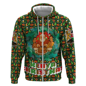 Kenya Christmas Zip Hoodie Santa Feast Scene and Festive Wreath Pattern - African Pride