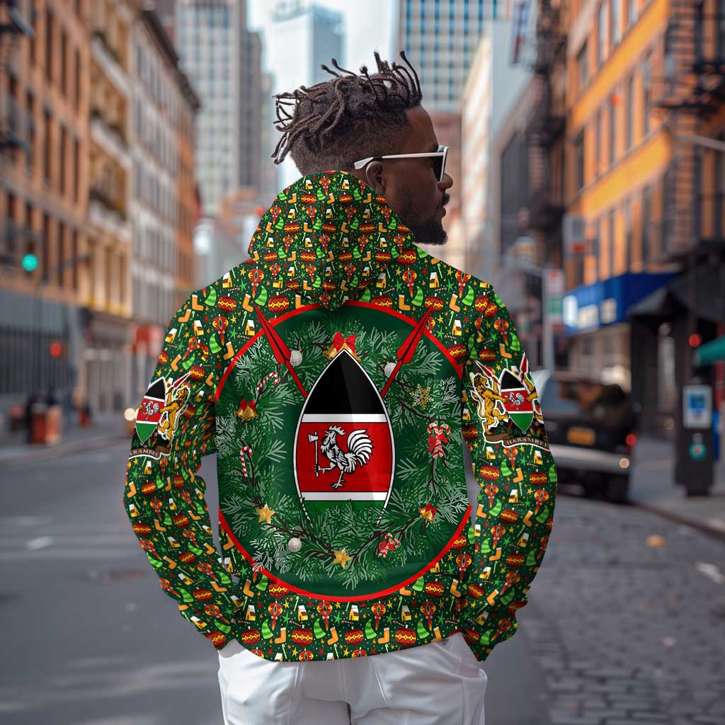 Kenya Christmas Zip Hoodie Santa Feast Scene and Festive Wreath Pattern - African Pride