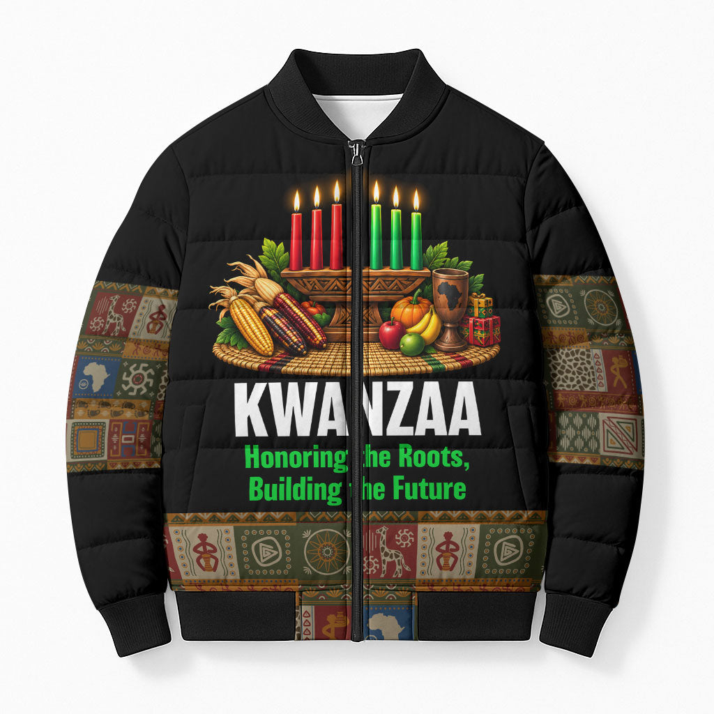 Kwanzaa Honoring The Roots Bomber Puffer Jacket Pan African Kinara Unity Traditional Tribal Art