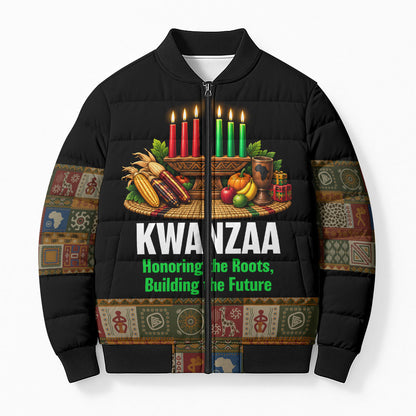 Kwanzaa Honoring The Roots Bomber Puffer Jacket Pan African Kinara Unity Traditional Tribal Art