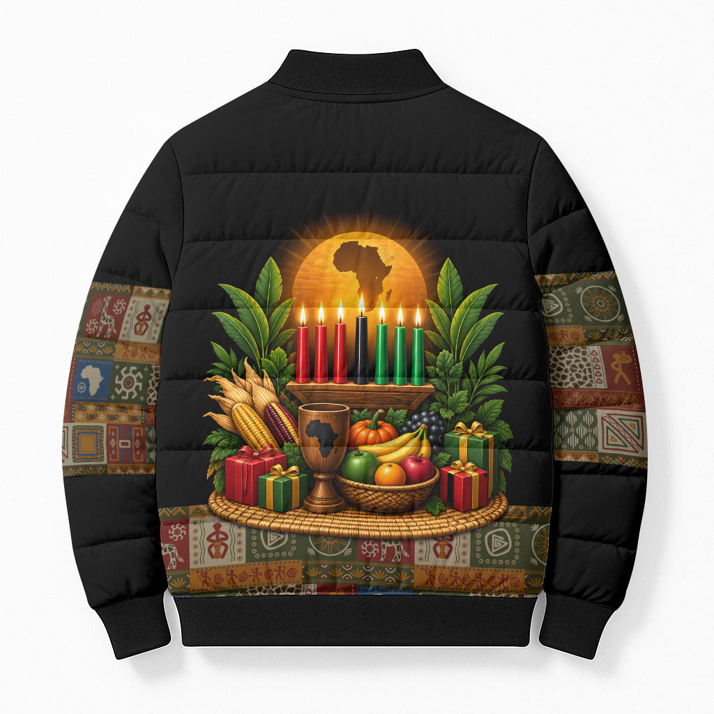 Kwanzaa Honoring The Roots Bomber Puffer Jacket Pan African Kinara Unity Traditional Tribal Art