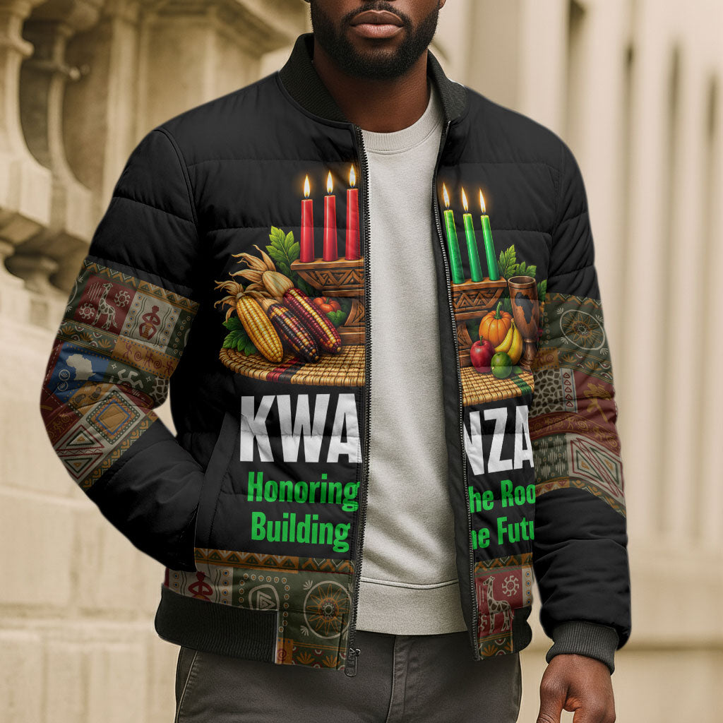 Kwanzaa Honoring The Roots Bomber Puffer Jacket Pan African Kinara Unity Traditional Tribal Art