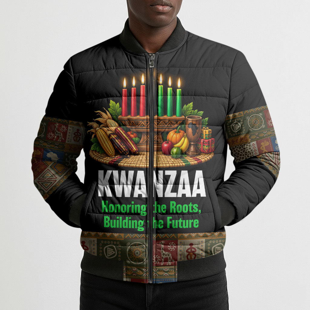 Kwanzaa Honoring The Roots Bomber Puffer Jacket Pan African Kinara Unity Traditional Tribal Art