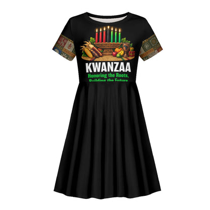 Kwanzaa Honoring The Roots Kid Short Sleeve Dress Pan African Kinara Unity Traditional Tribal Art