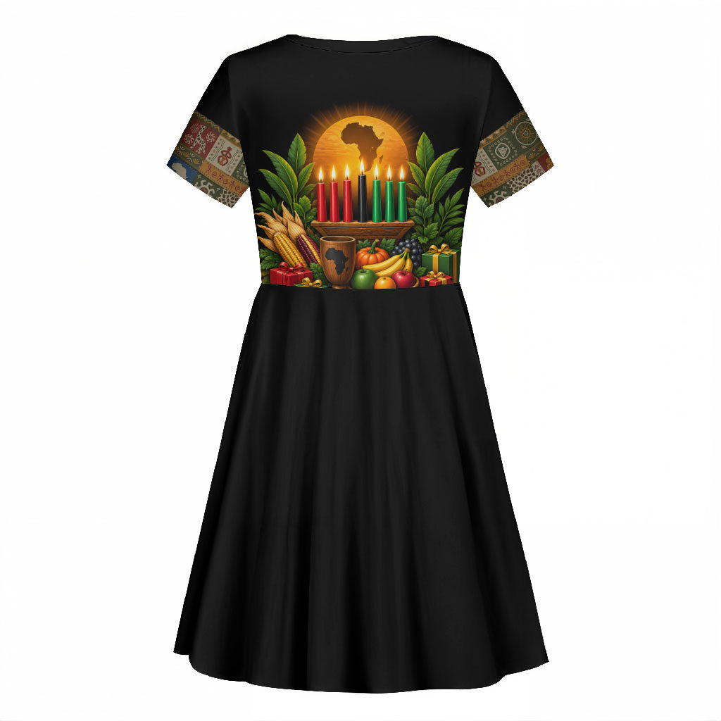 Kwanzaa Honoring The Roots Kid Short Sleeve Dress Pan African Kinara Unity Traditional Tribal Art