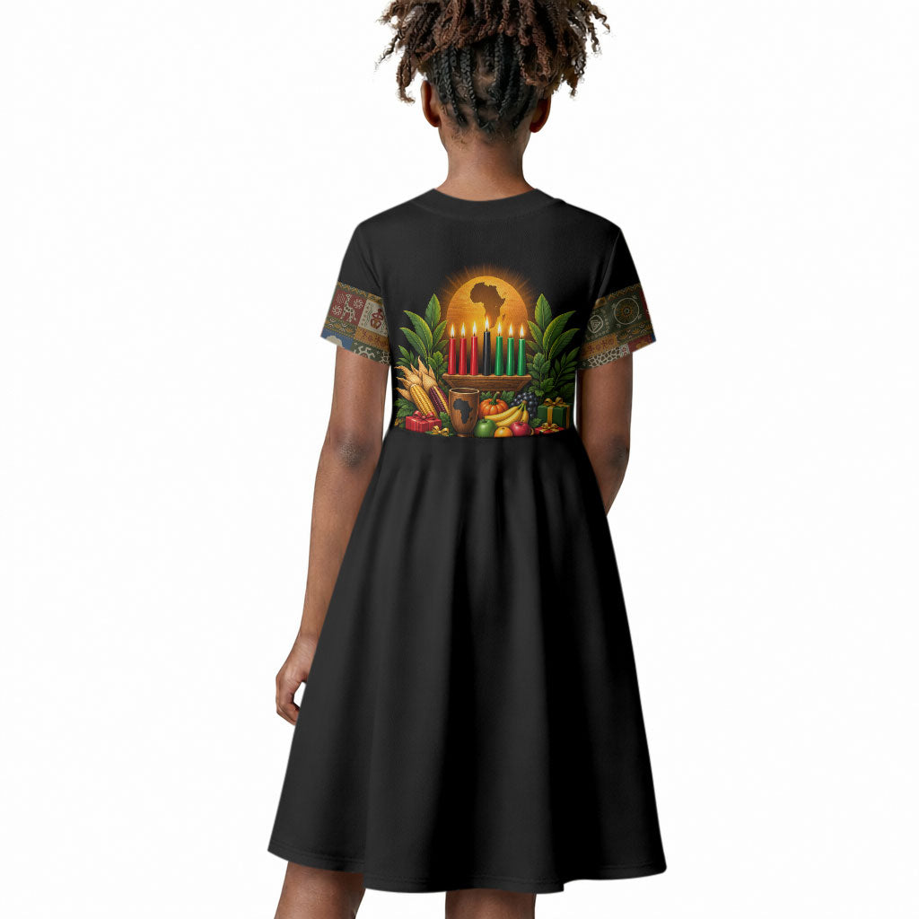 Kwanzaa Honoring The Roots Kid Short Sleeve Dress Pan African Kinara Unity Traditional Tribal Art
