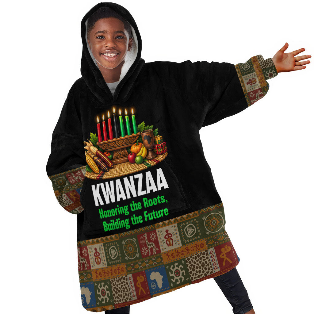 Kwanzaa Honoring The Roots Kid Wearable Blanket Hoodie Pan African Kinara Unity Traditional Tribal Art
