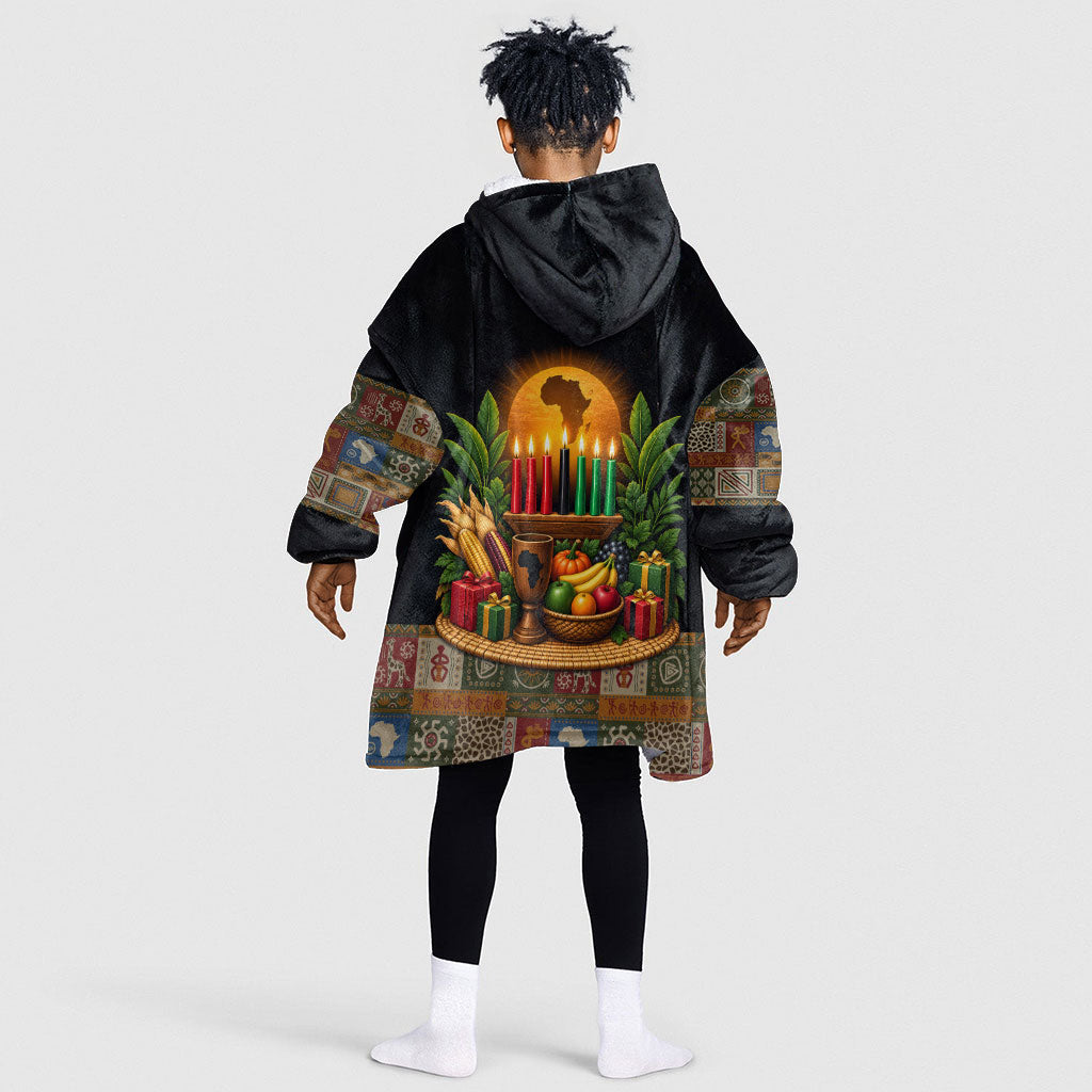 Kwanzaa Honoring The Roots Kid Wearable Blanket Hoodie Pan African Kinara Unity Traditional Tribal Art