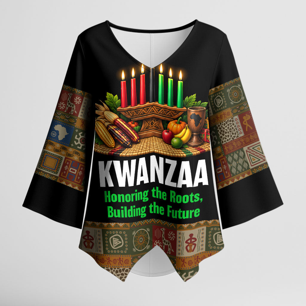Kwanzaa Honoring The Roots Kimono Sleeve Blouse Pan African Kinara Unity Traditional Tribal Art