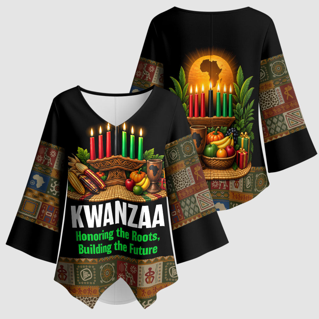 Kwanzaa Honoring The Roots Kimono Sleeve Blouse Pan African Kinara Unity Traditional Tribal Art