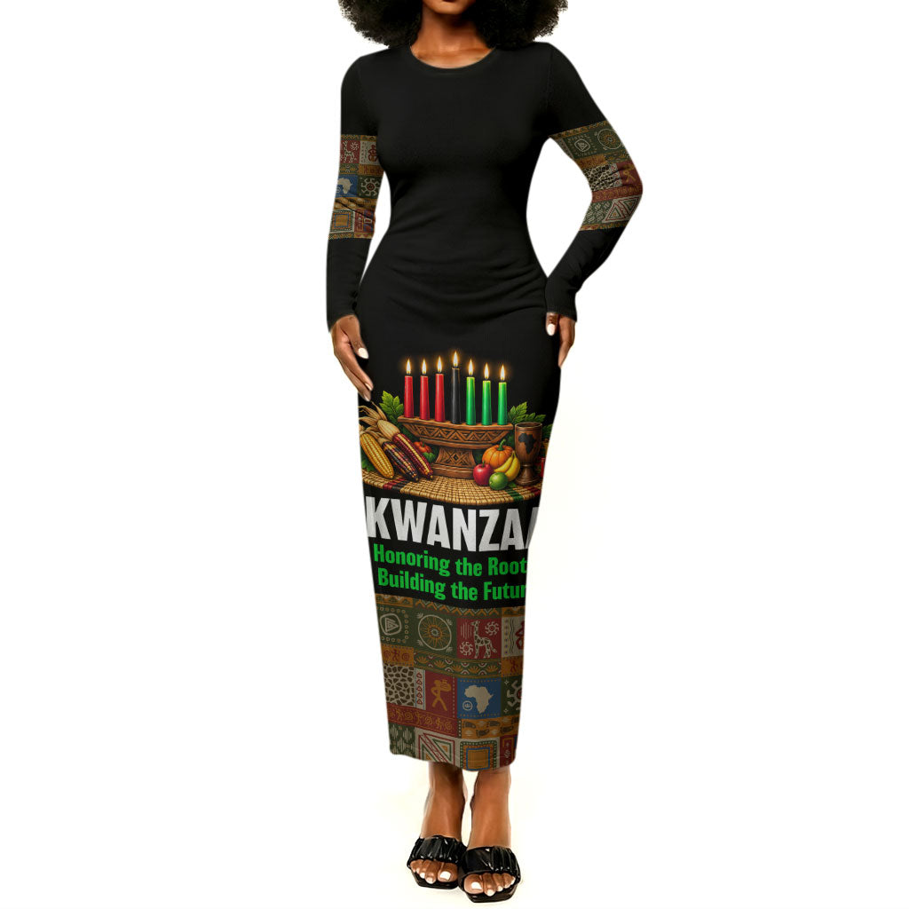 Kwanzaa Honoring The Roots Long Sleeve Bodycon Dress Pan African Kinara Unity Traditional Tribal Art