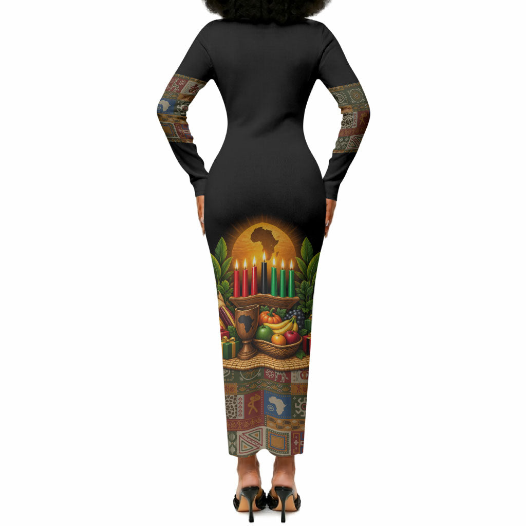 Kwanzaa Honoring The Roots Long Sleeve Bodycon Dress Pan African Kinara Unity Traditional Tribal Art