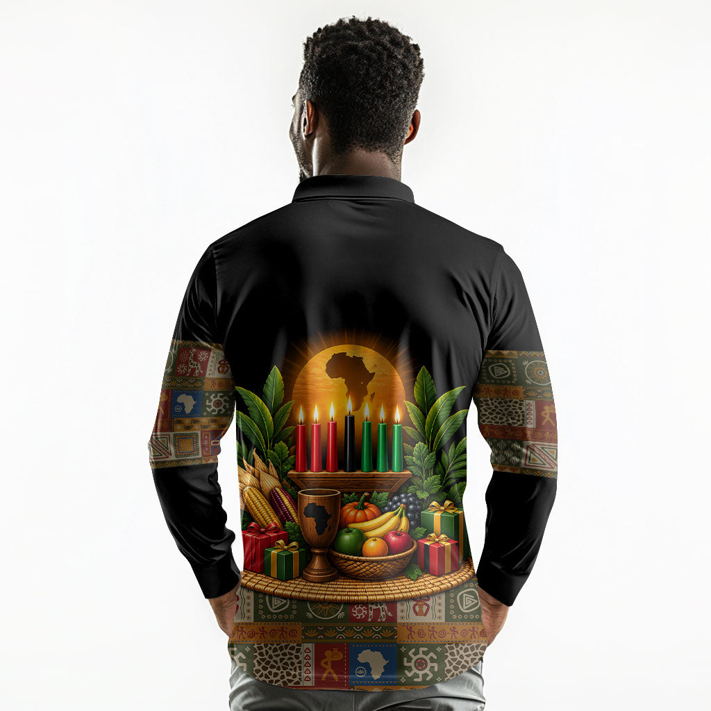 Kwanzaa Honoring The Roots Long Sleeve Polo Shirt Pan African Kinara Unity Traditional Tribal Art
