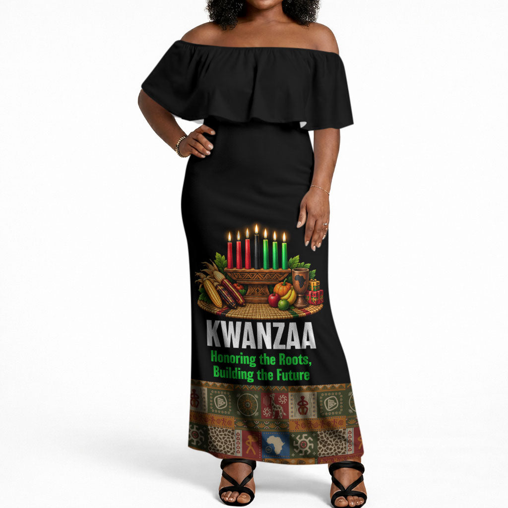 Kwanzaa Honoring The Roots Off Shoulder Maxi Dress Pan African Kinara Unity Traditional Tribal Art