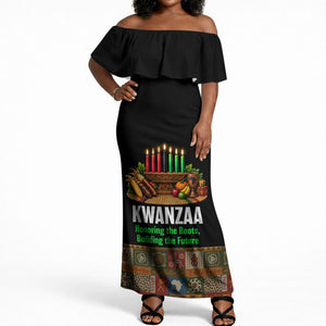 Kwanzaa Honoring The Roots Off Shoulder Maxi Dress Pan African Kinara Unity Traditional Tribal Art