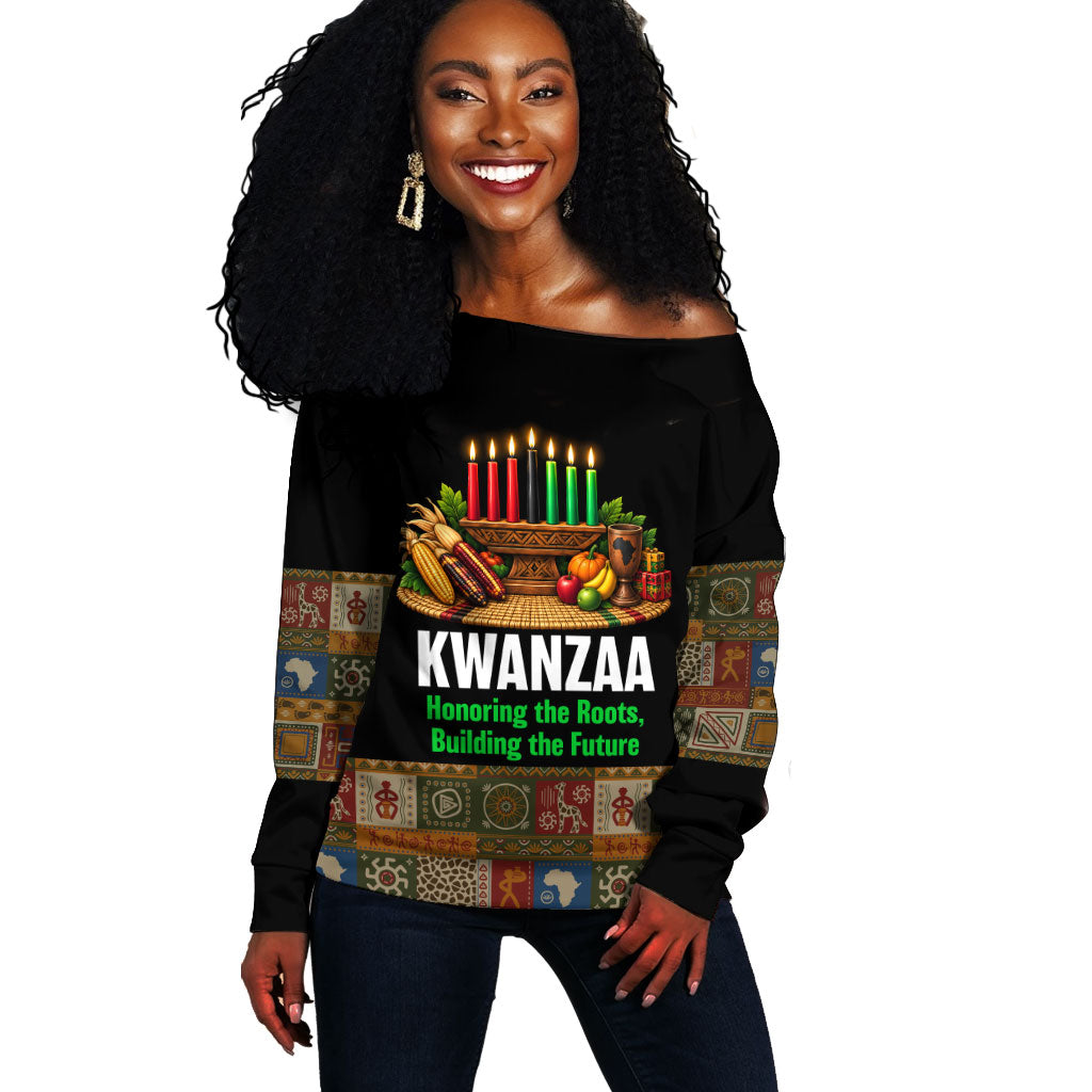 Kwanzaa Honoring The Roots Off Shoulder Sweater Pan African Kinara Unity Traditional Tribal Art