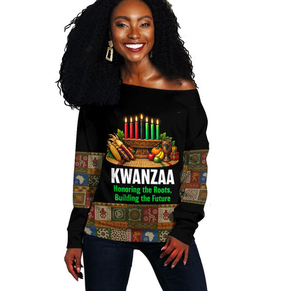 Kwanzaa Honoring The Roots Off Shoulder Sweater Pan African Kinara Unity Traditional Tribal Art