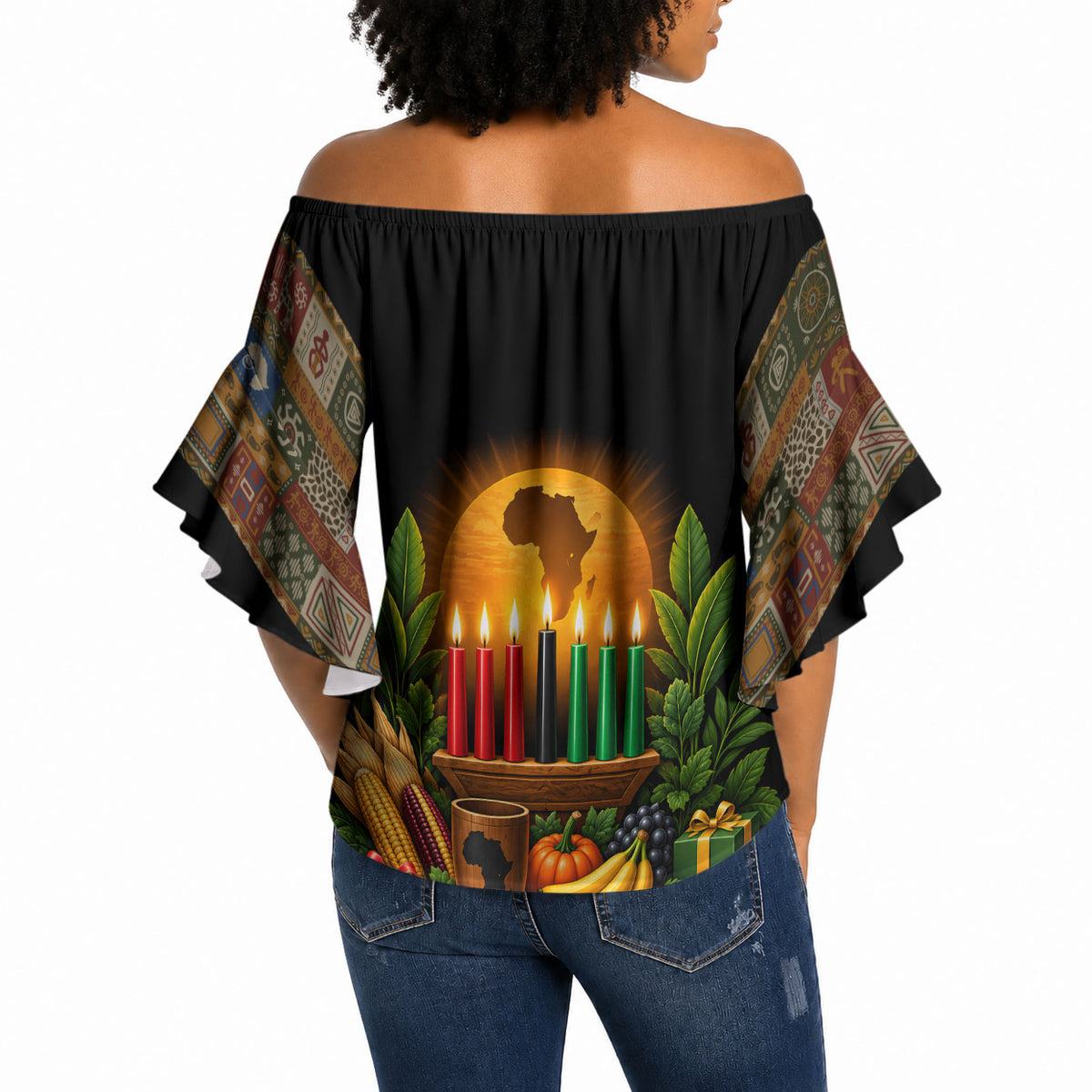Kwanzaa Honoring The Roots Off Shoulder Wrap Waist Top Pan African Kinara Unity Traditional Tribal Art