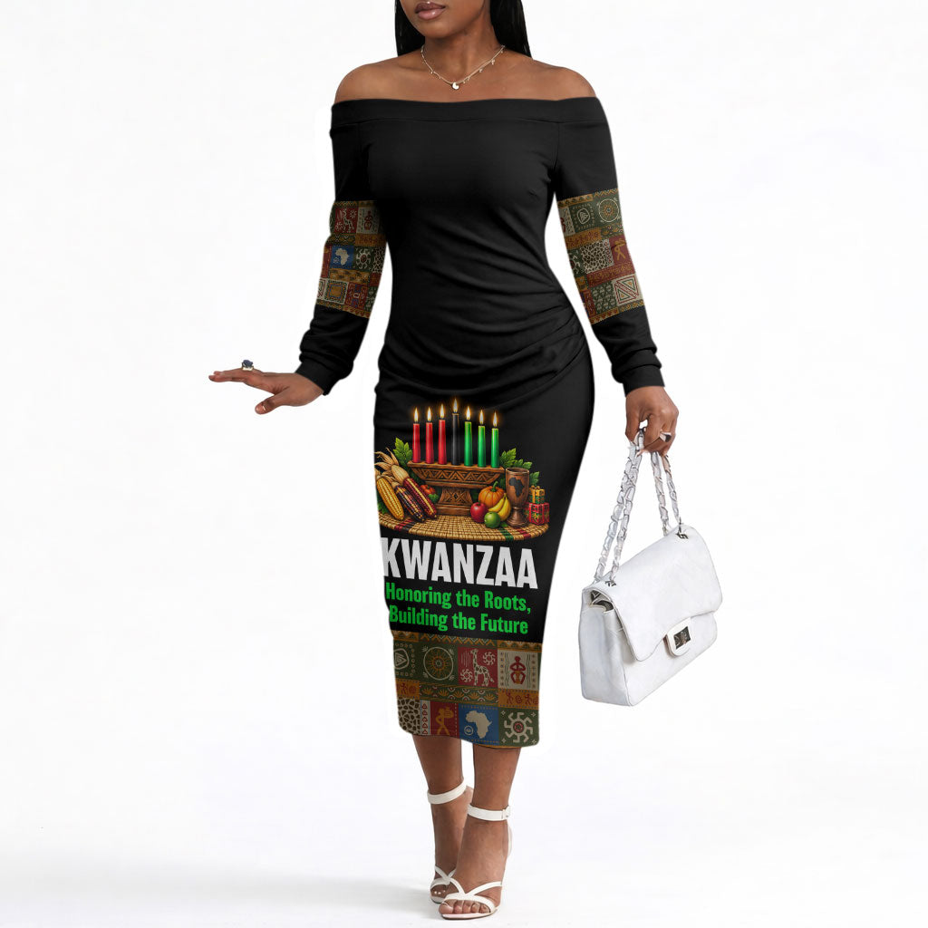 Kwanzaa Honoring The Roots Off The Shoulder Long Sleeve Dress Pan African Kinara Unity Traditional Tribal Art