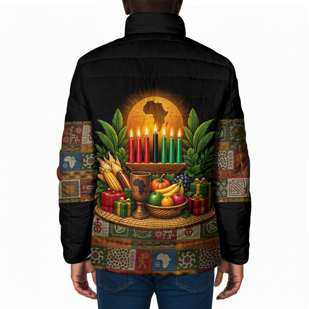Kwanzaa Honoring The Roots Padded Jacket Pan African Kinara Unity Traditional Tribal Art